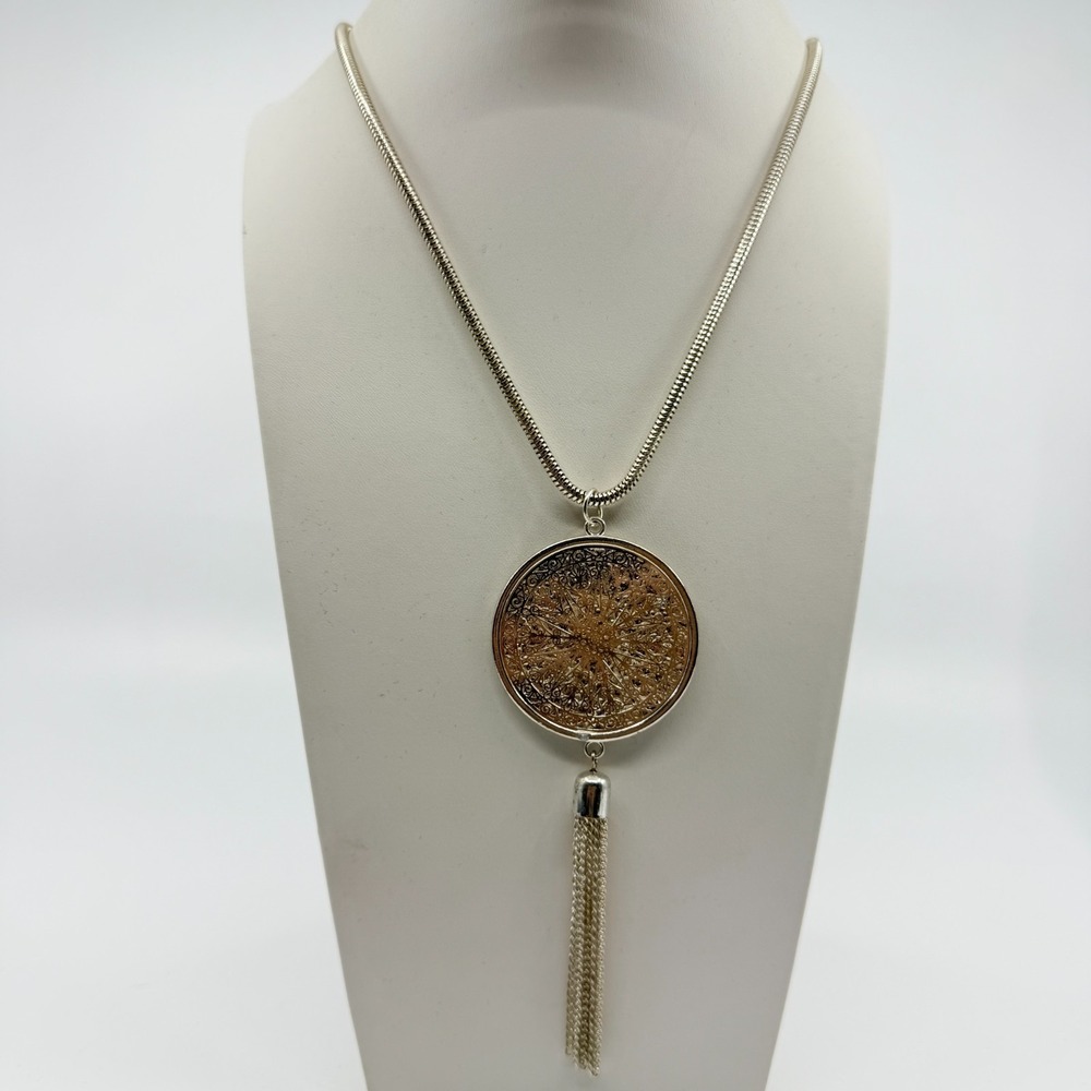 Vintage Boho Silver Tone Filigree Disc Tassel Pendant Long Snake Chain Necklace